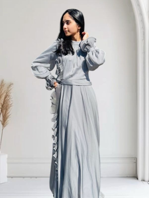 grey modest dress June Slate Grey Lace Modest Bridesmaids Dress