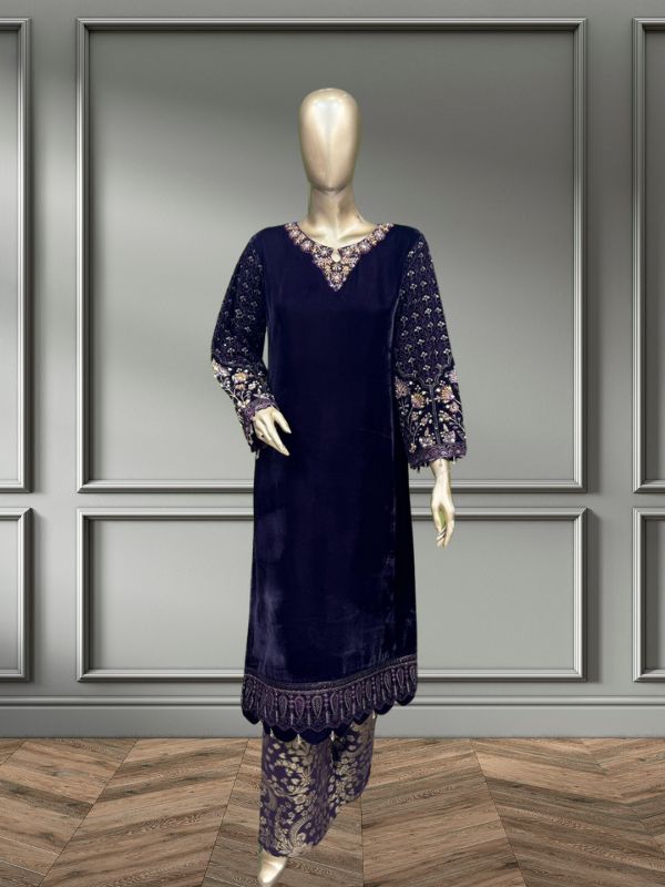 purple velvet dress pakistani Embroidered Velvet Pakistani Suit in Purple