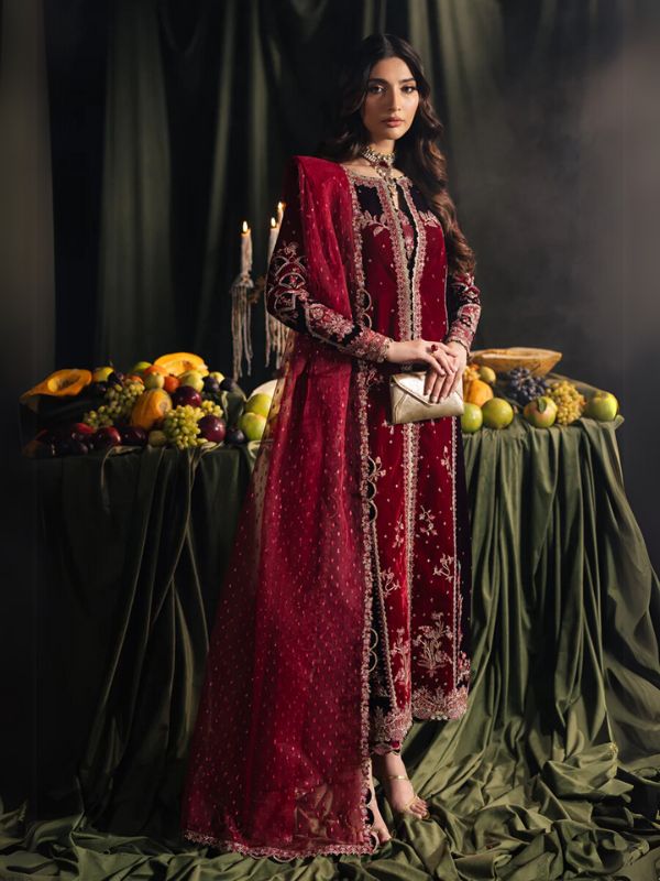 fitted lace wedding dress Qalamkar Red New Arrival Chikankari Embroidery Collection 3pc – Emarlad Wear main image 1