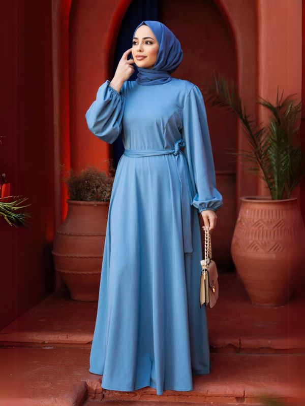 light blue solid dress Quzey TR Dress-Light – Libas Collection washed and softened linen Web Collection: Eid Al Fitr Size:30W x 30L Rhema Blue Multi Abstract