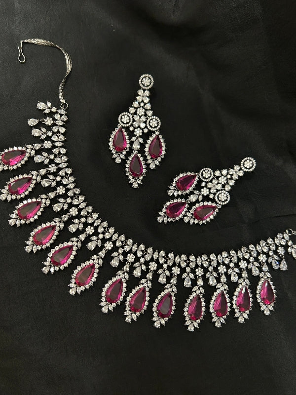 Quzey AD Dark Pink Necklace Set
