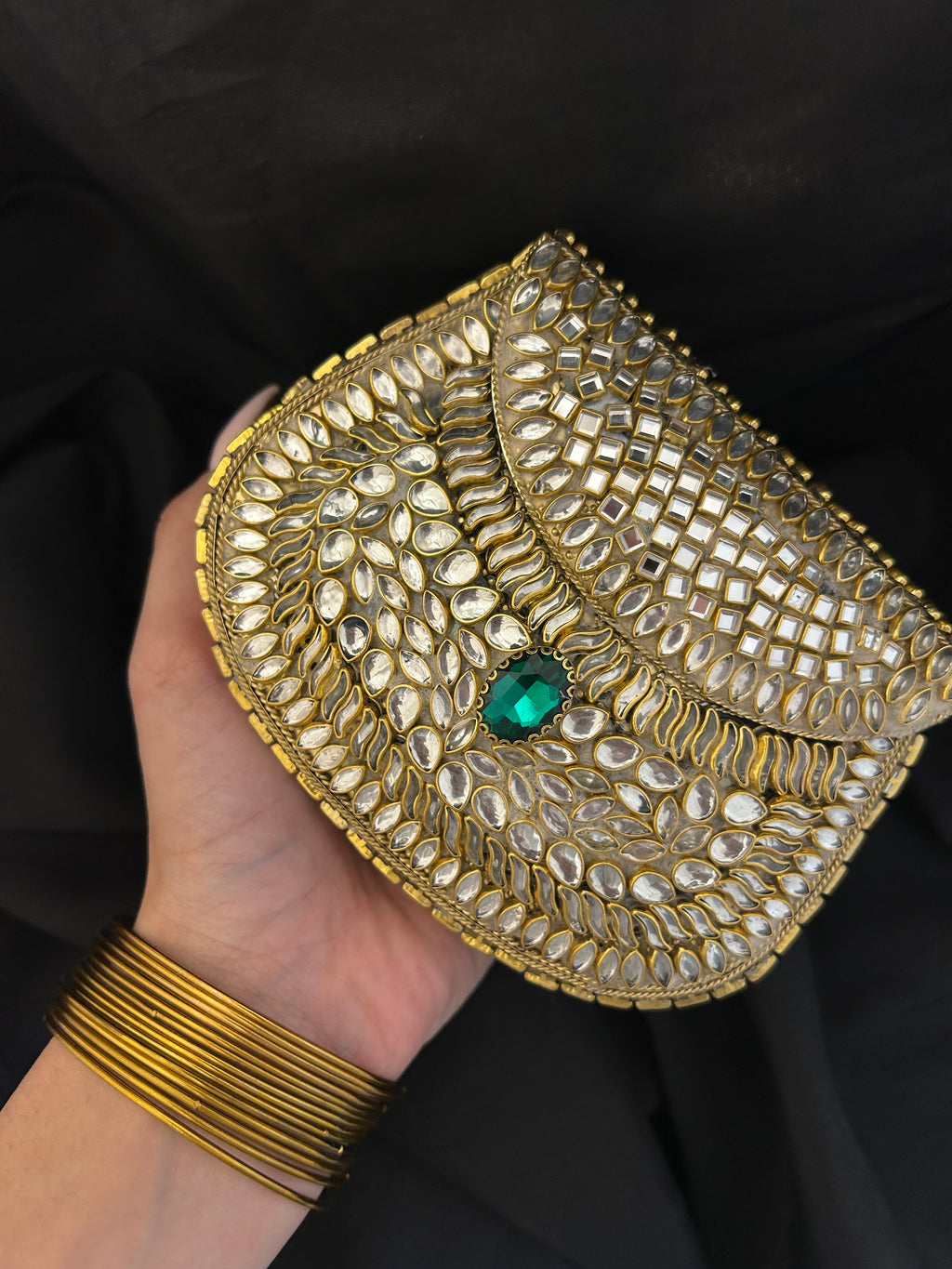 Quzey Kundan Brass Clutch - Green
