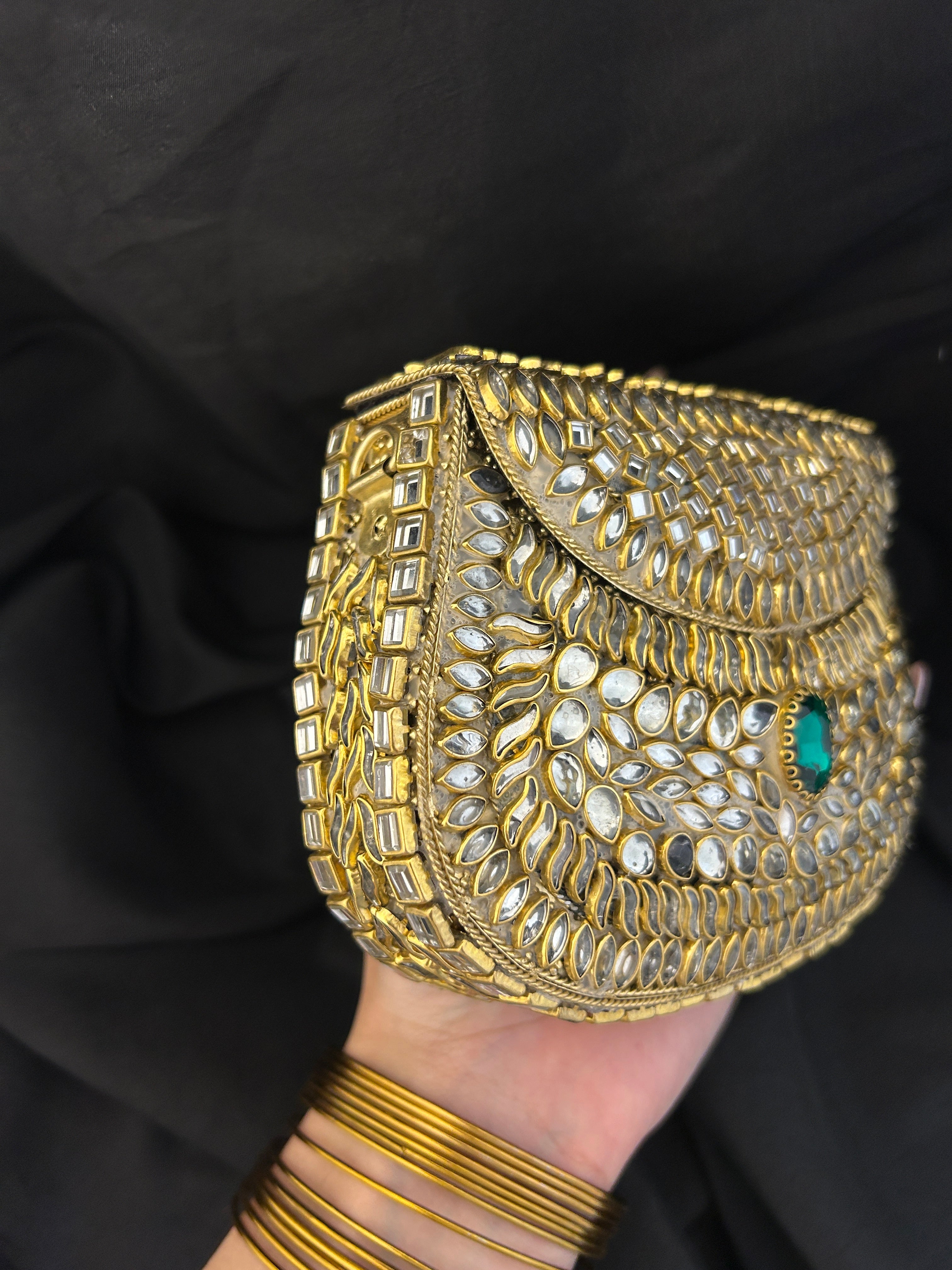 Quzey Kundan Brass Clutch - Green