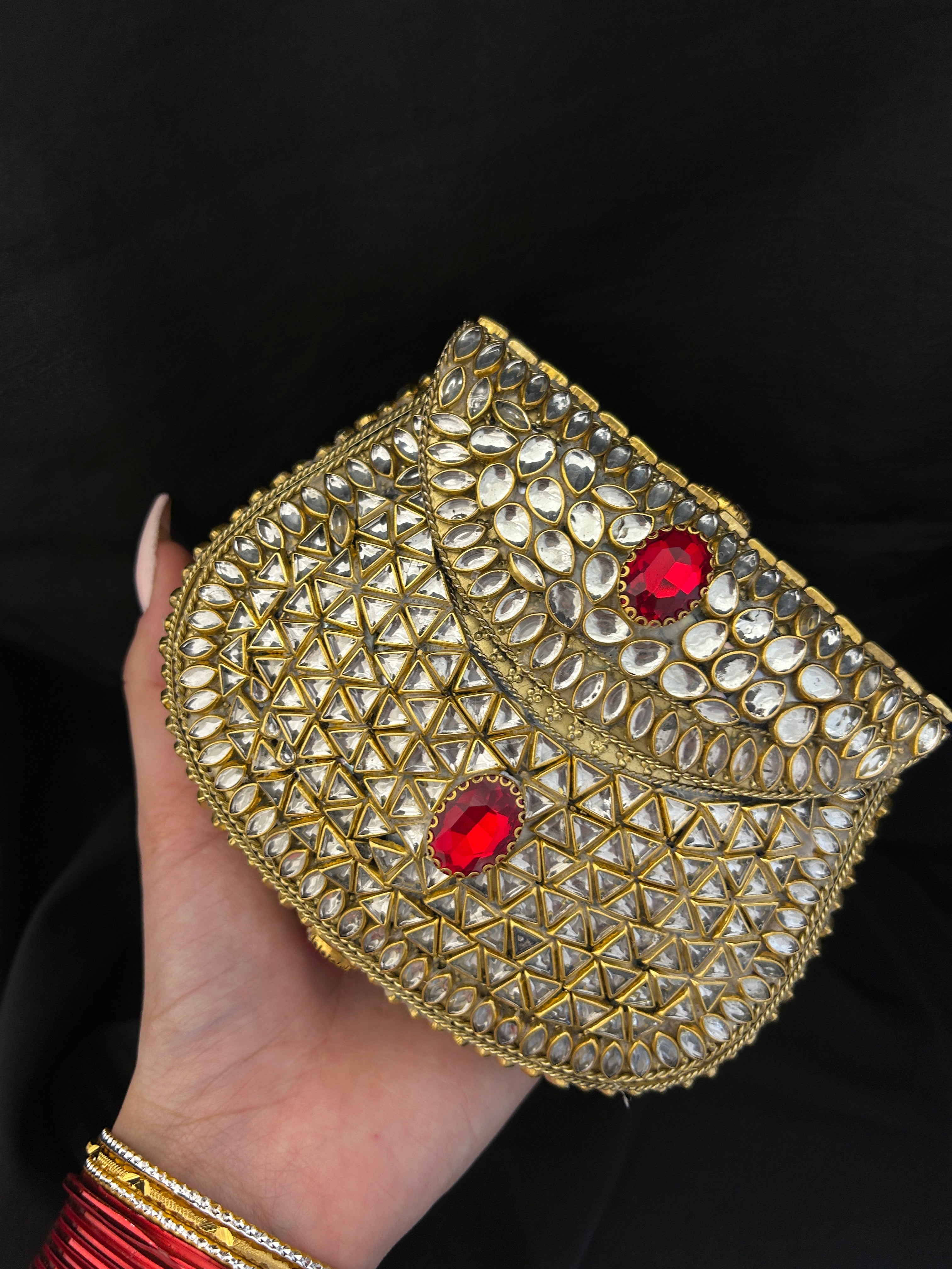 Quzey Kundan Brass Clutch - Red