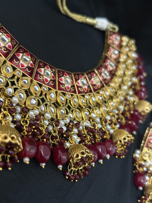 Quzey Polki Kundan Maroon Set