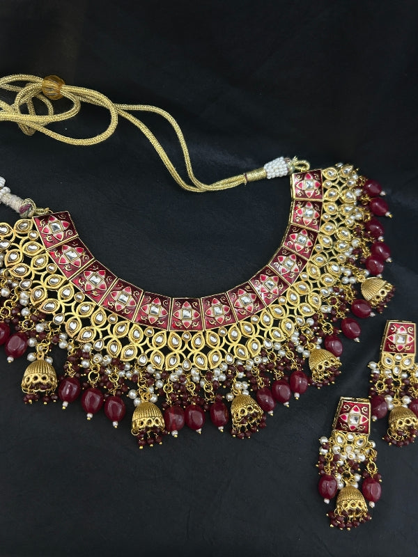Quzey Polki Kundan Maroon Set