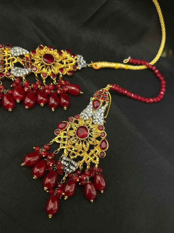 Quzey Polki Kundan Red Set