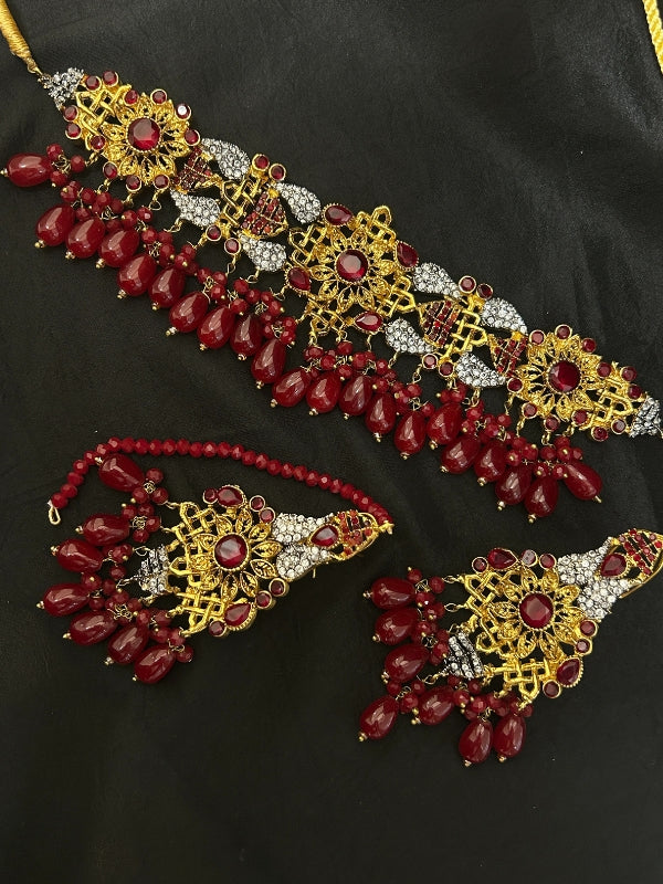 Quzey Polki Kundan Red Set