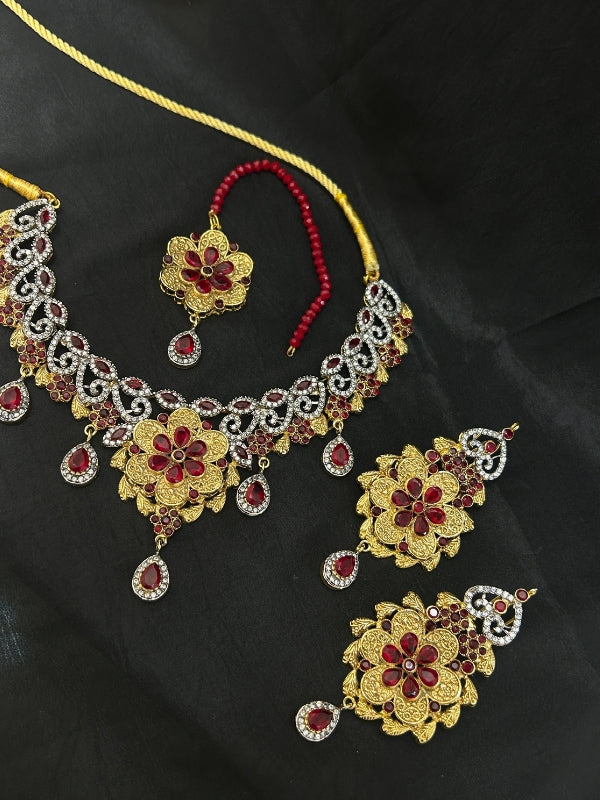 Quzey AD Gold Red Bridal Set