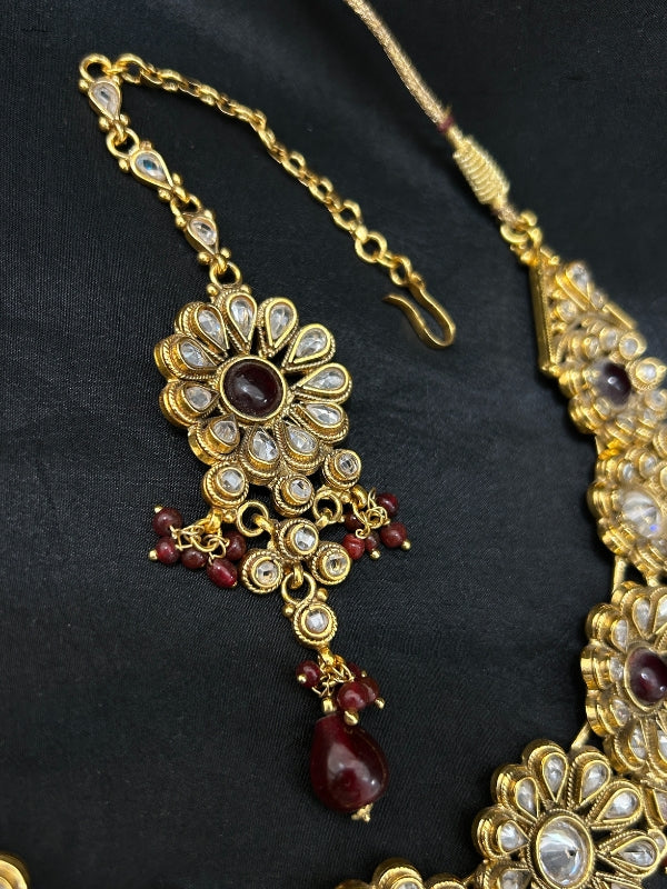 Quzey Kundan Maroon Necklace Set