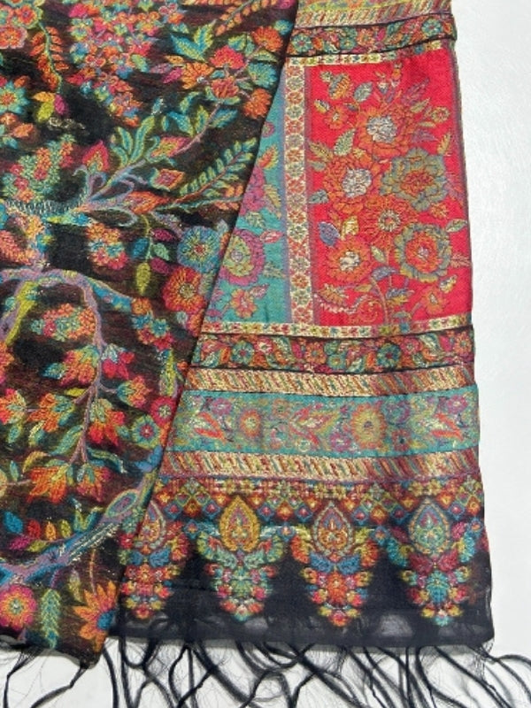 Quzey Pashmina Qalamkari Shawl - Black