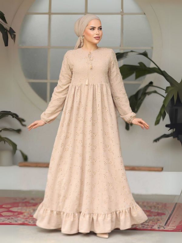 Quzey Schiffli Dress - Beige