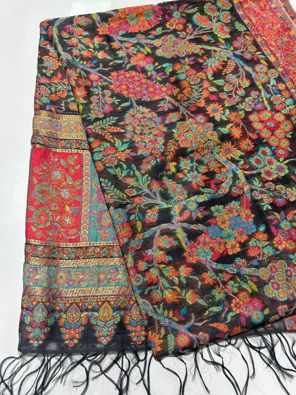 Quzey Pashmina Qalamkari Shawl - Black