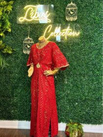 Quzey Red Rose Golden Embroidered Dress