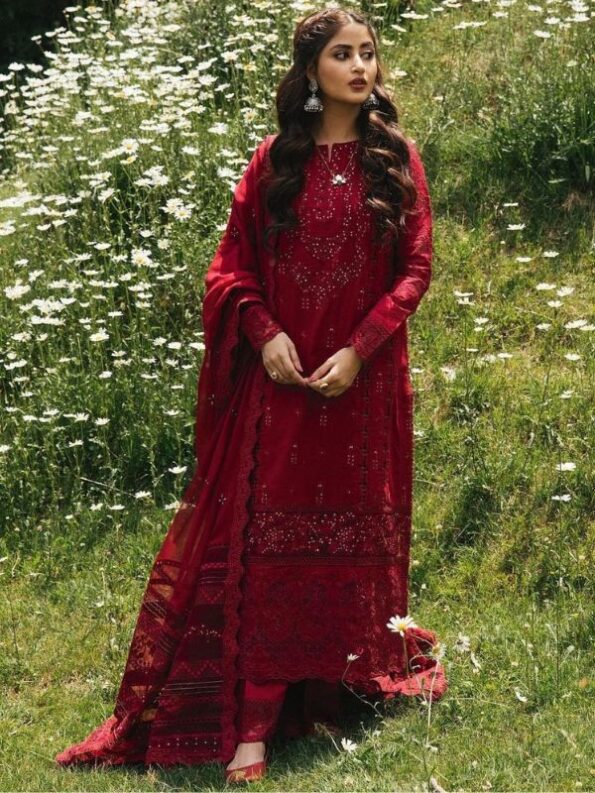 Red Mirage Lawn Dress _ Qalamkar
