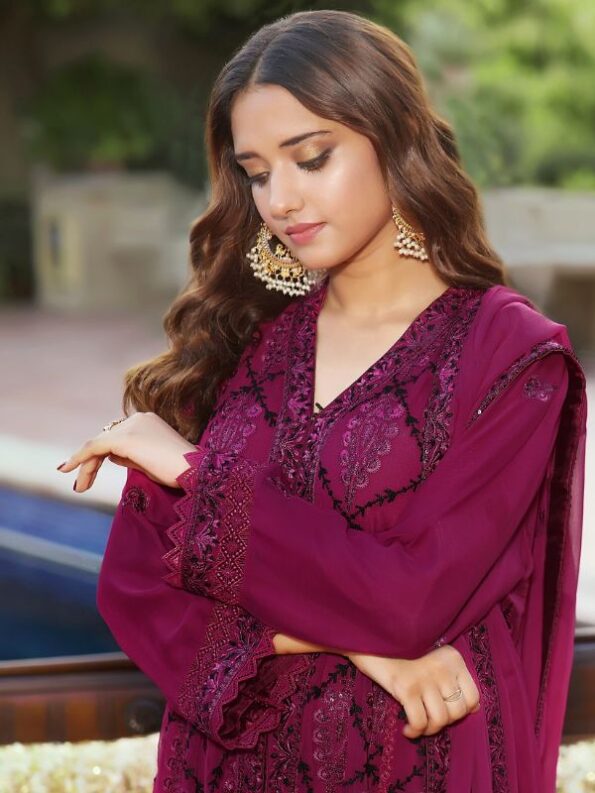 Claret Chiffon Embroidered Dress