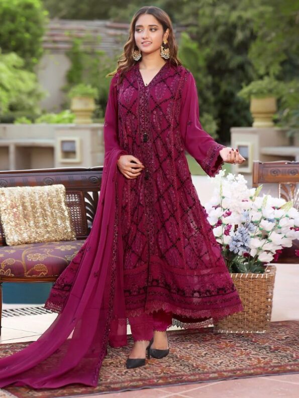 Claret Chiffon Embroidered Dress